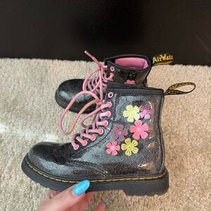 Dr. Martens Kids Boots Black with Pink and Yellow Flowers
